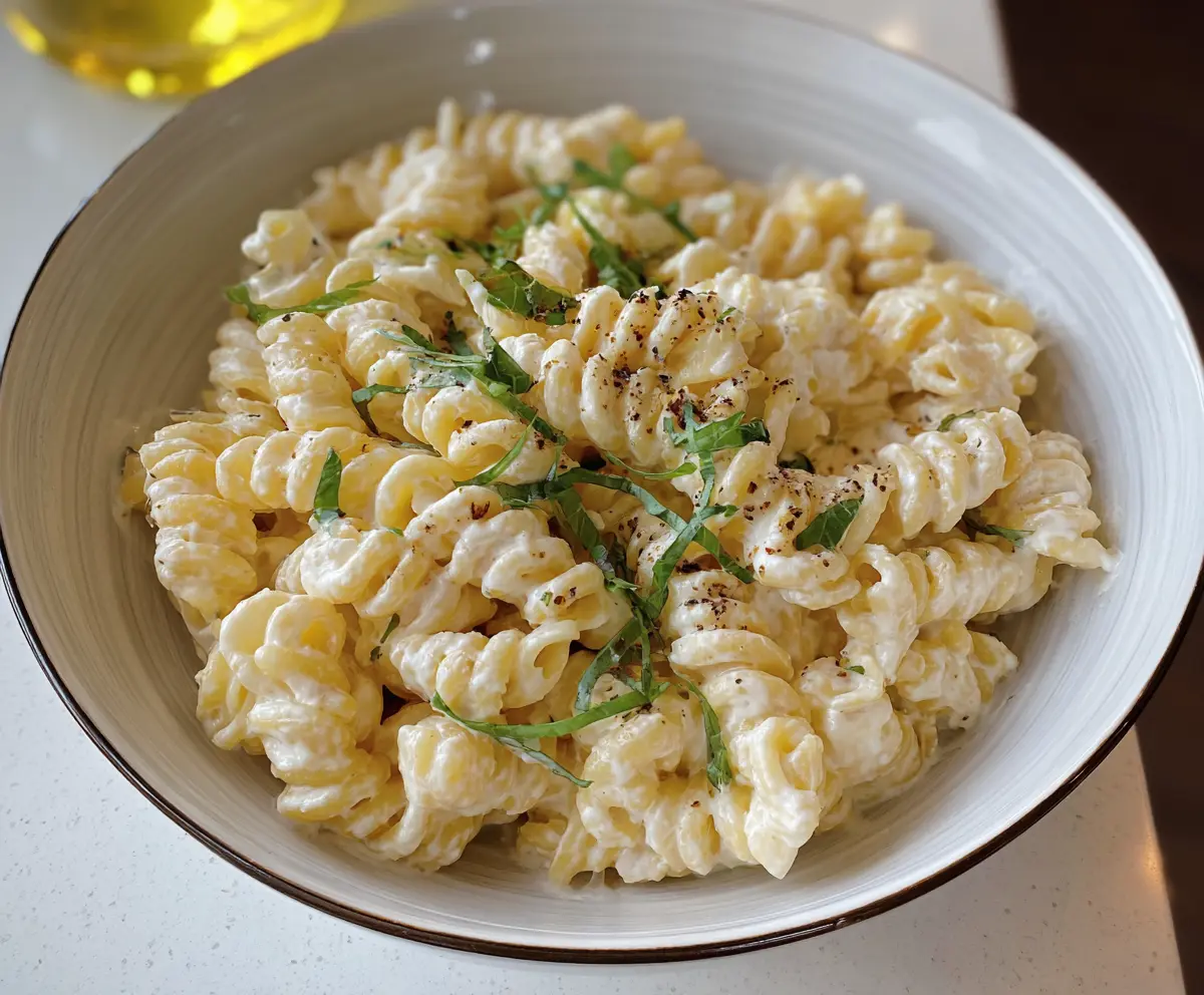 Delicious creamy cottage cheese pasta served on a white plate, garnished with fresh herbs