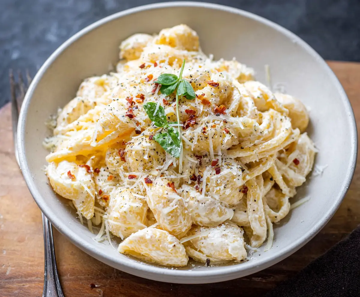 Creamy Ricotta Pasta served in a bowl with fresh basil and cherry tomatoes, perfect for a quick dinner.