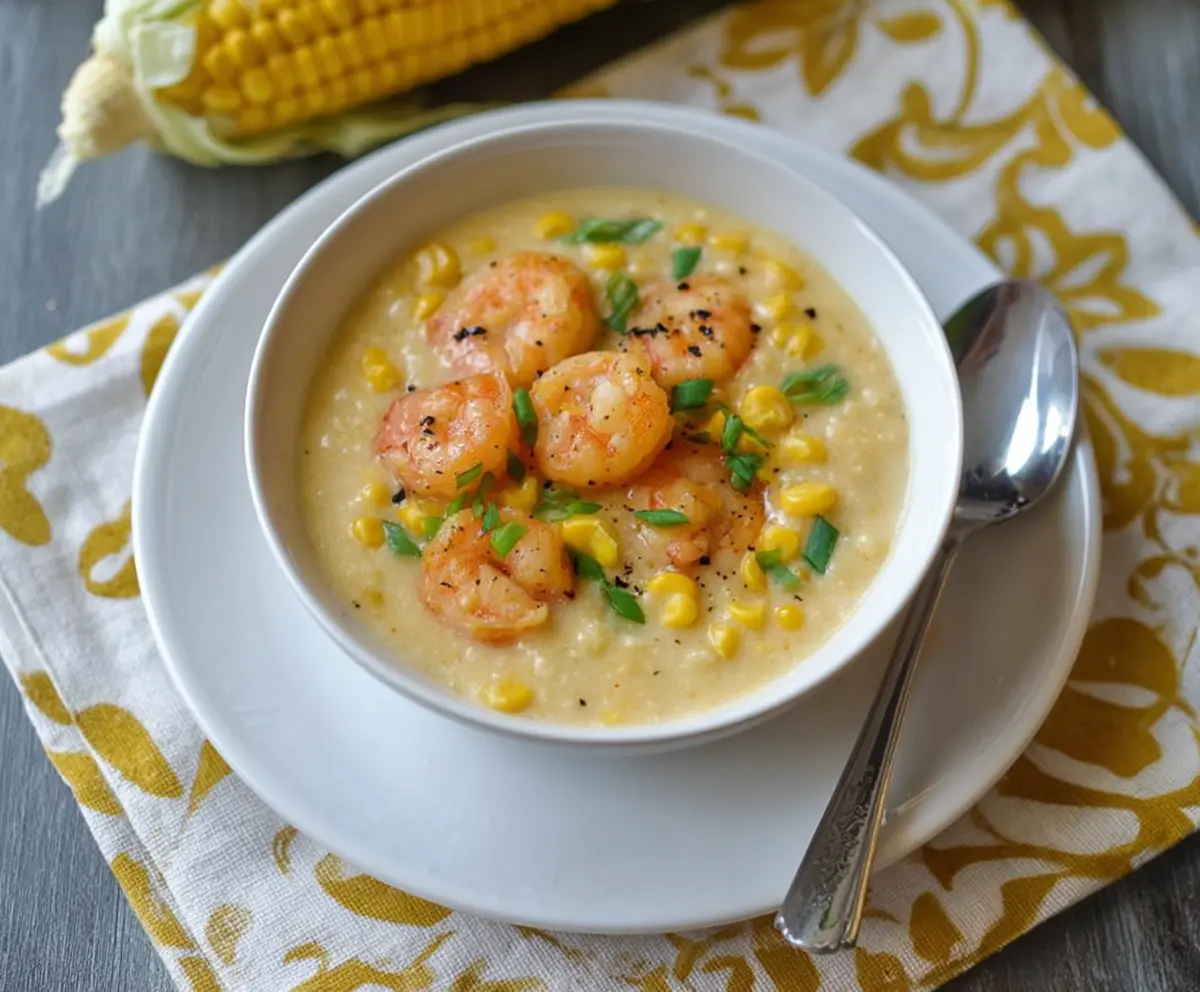 Delicious creamy shrimp and corn soup served in a bowl, garnished with fresh herbs.
