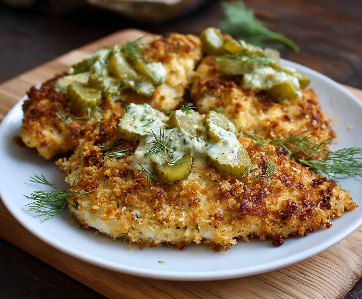 Crispy Dill Pickle Parmesan Chicken served on a plate with fresh herbs