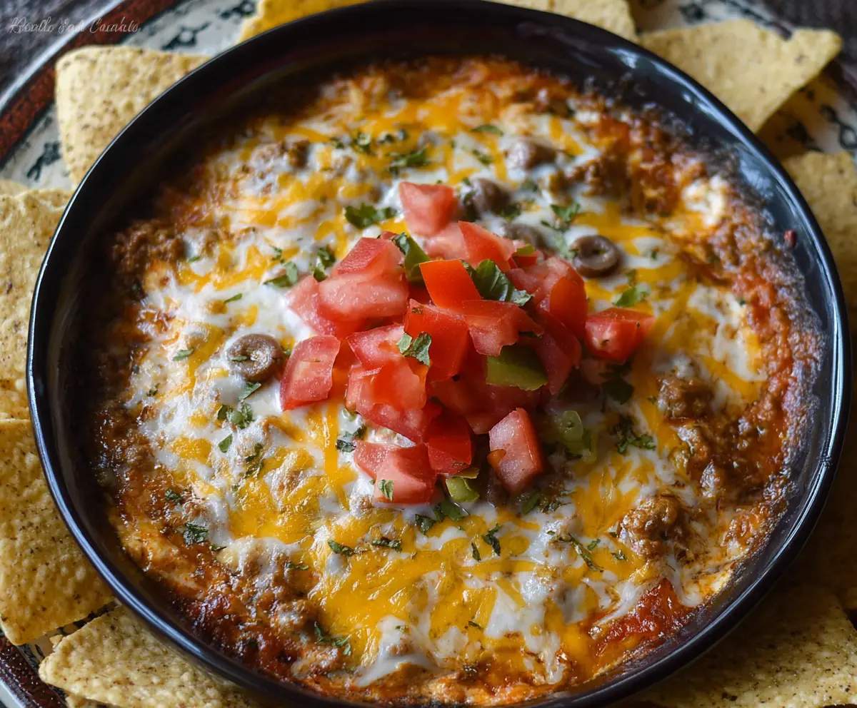 Creamy Crock Pot Beef Nacho Dip topped with melted cheese and fresh jalapenos, perfect for game day snacks.