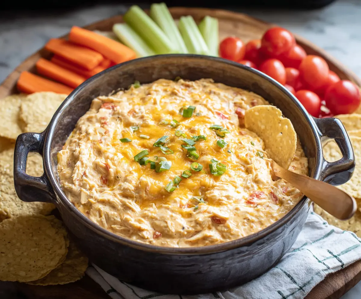 Creamy Crock Pot Chicken Dip served with fresh vegetables and tortilla chips, perfect for parties.