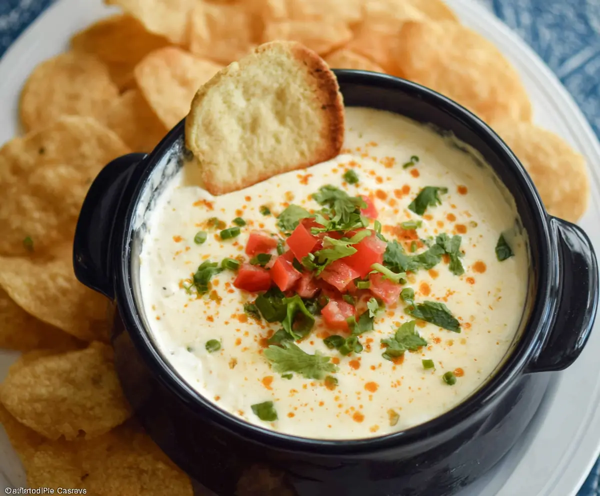 Creamy Crock Pot White Cheese Dip in a serving bowl with tortilla chips for a flavorful appetizer