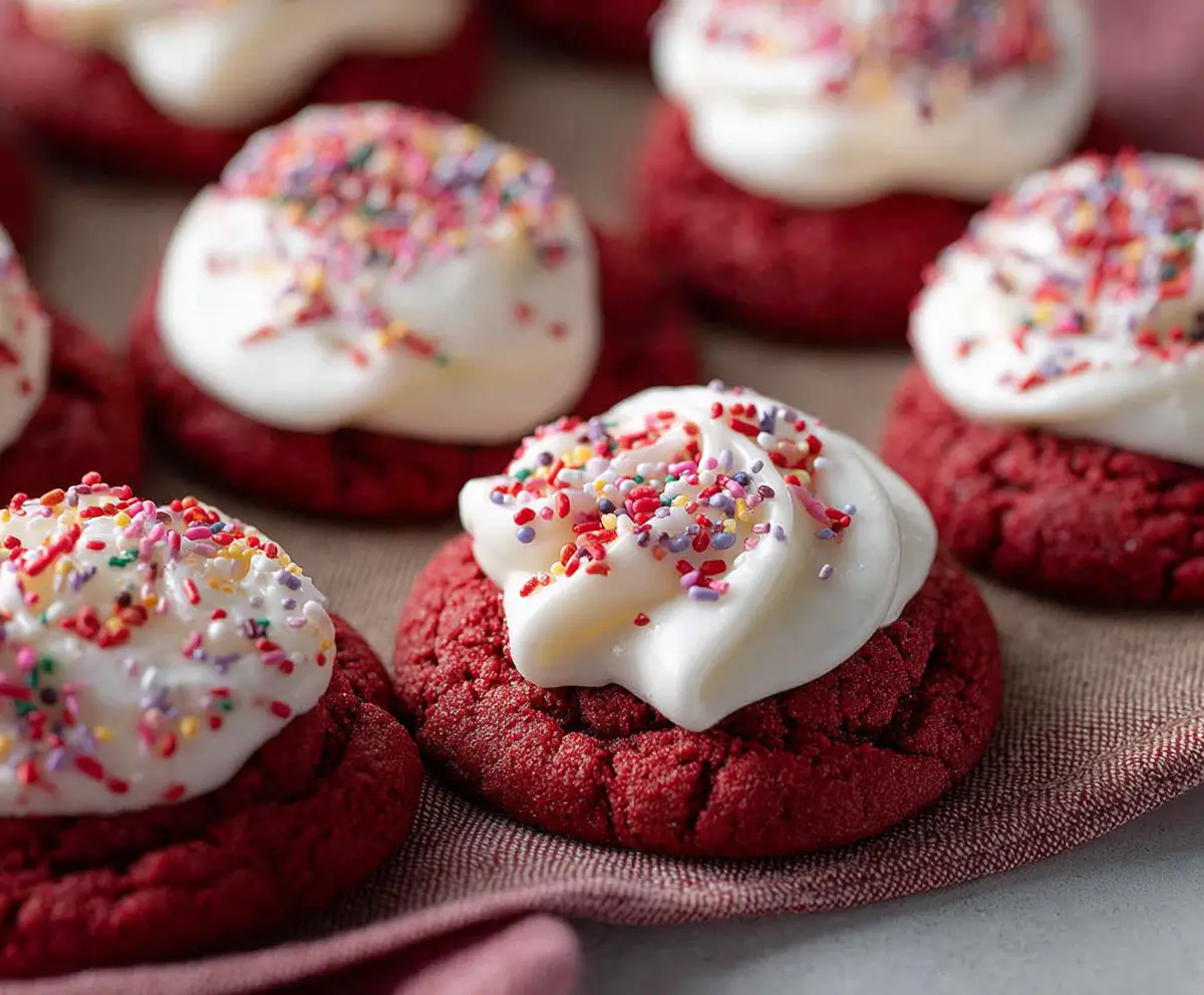 Delicious Crumbl Red Velvet Cupcake Cookies with creamy frosting and vibrant red color.