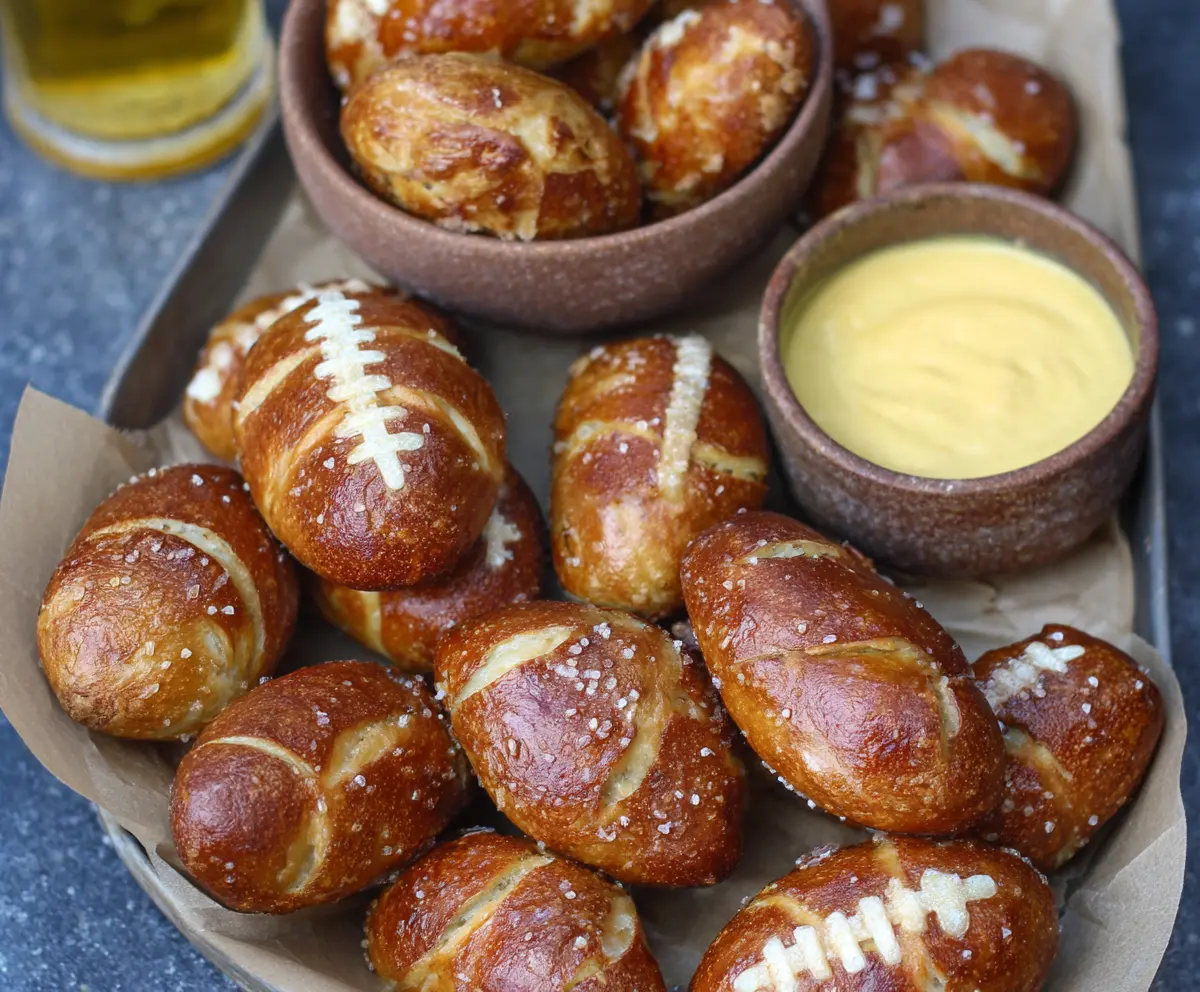 Football-shaped soft pretzel bites on a platter, perfect for game day snacking.