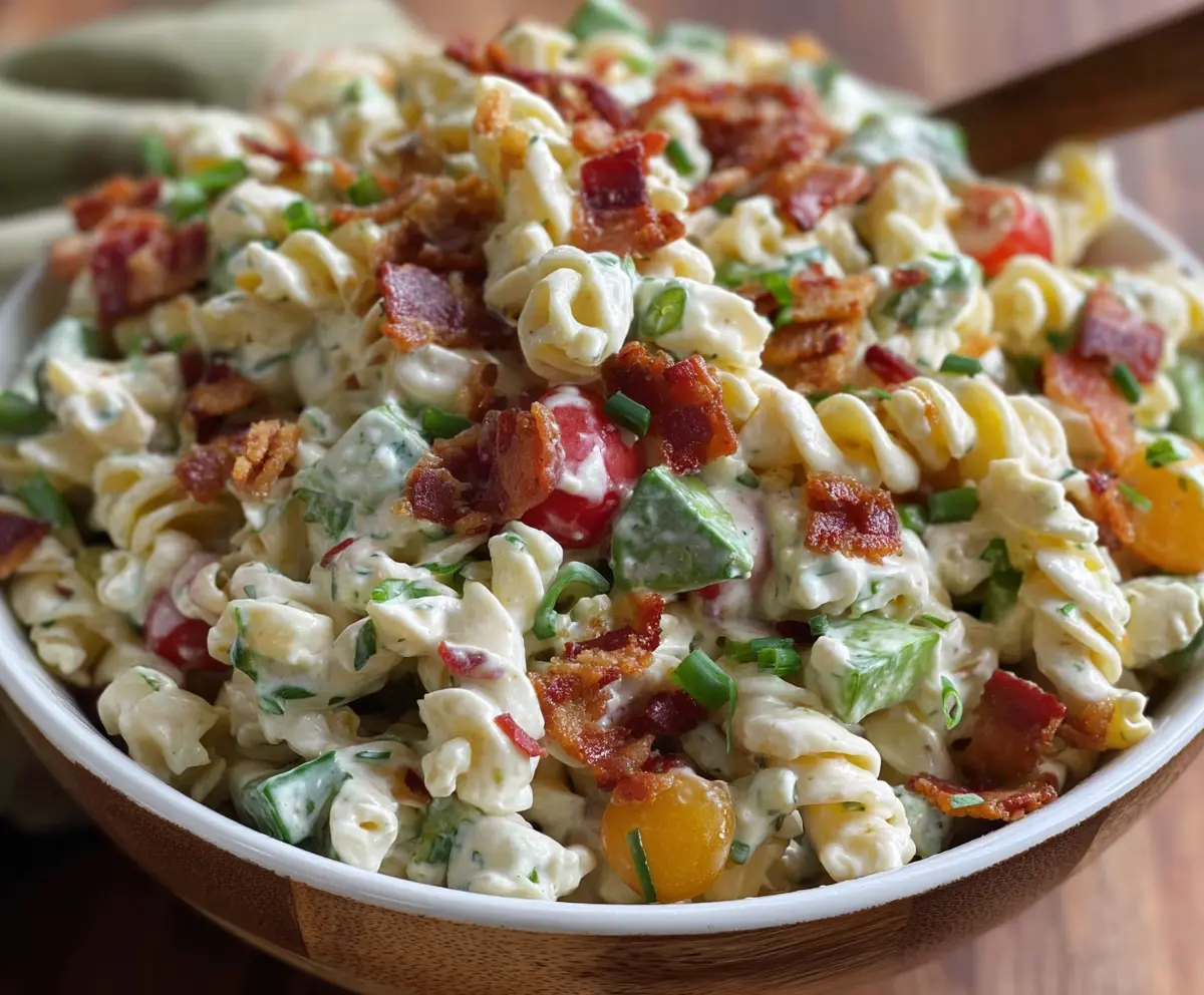 Delicious fresh ranch pasta salad topped with crispy bacon and fresh herbs.