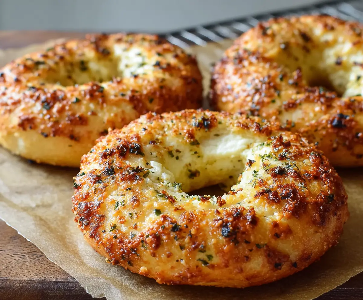Garlic Parmesan Cottage Cheese Bagels fresh out of the oven, showcasing golden crust and cheesy topping.