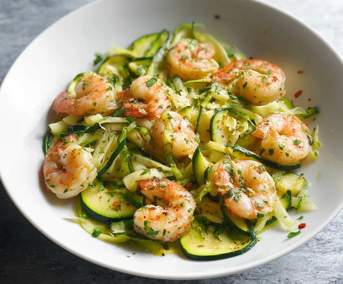 Delicious garlic shrimp served with fresh zucchini slices on a plate.