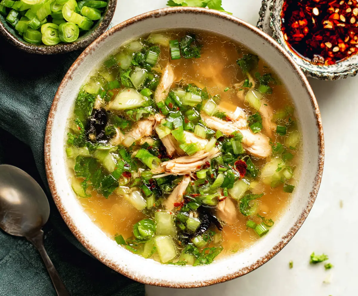 Delicious Ginger Scallion Chicken Soup in a bowl with fresh herbs and herbs garnish