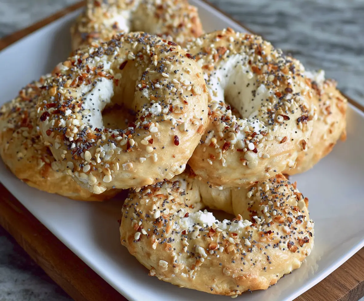 Fresh gluten-free Greek yogurt bagels on a rustic wooden board, showcasing a healthy breakfast option.