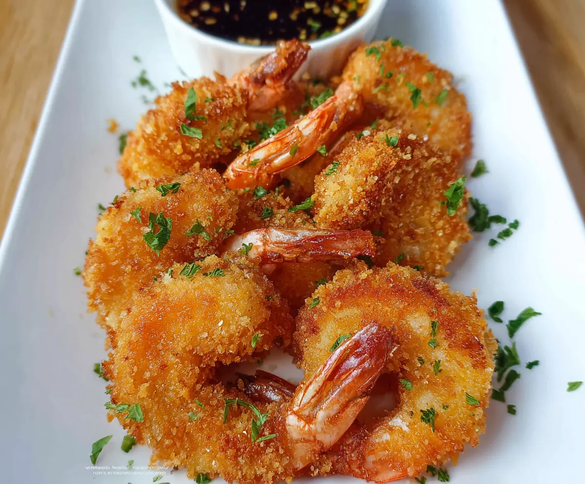 Golden crispy fried shrimp served with dipping sauce on a platter, perfect for appetizer or snack.
