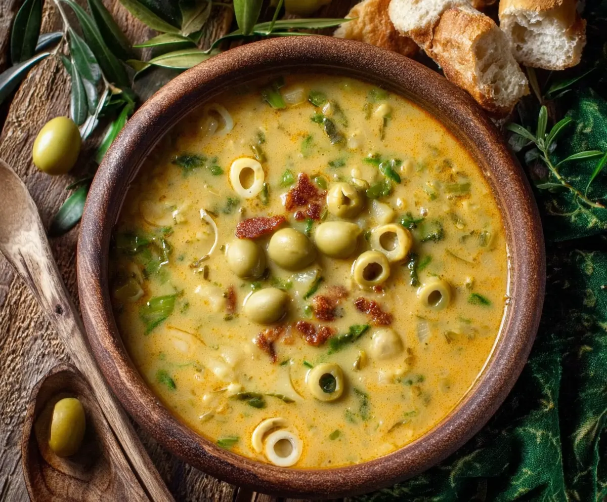 Delicious green olive soup served in a bowl, garnished with fresh herbs, perfect for a Mediterranean appetizer.