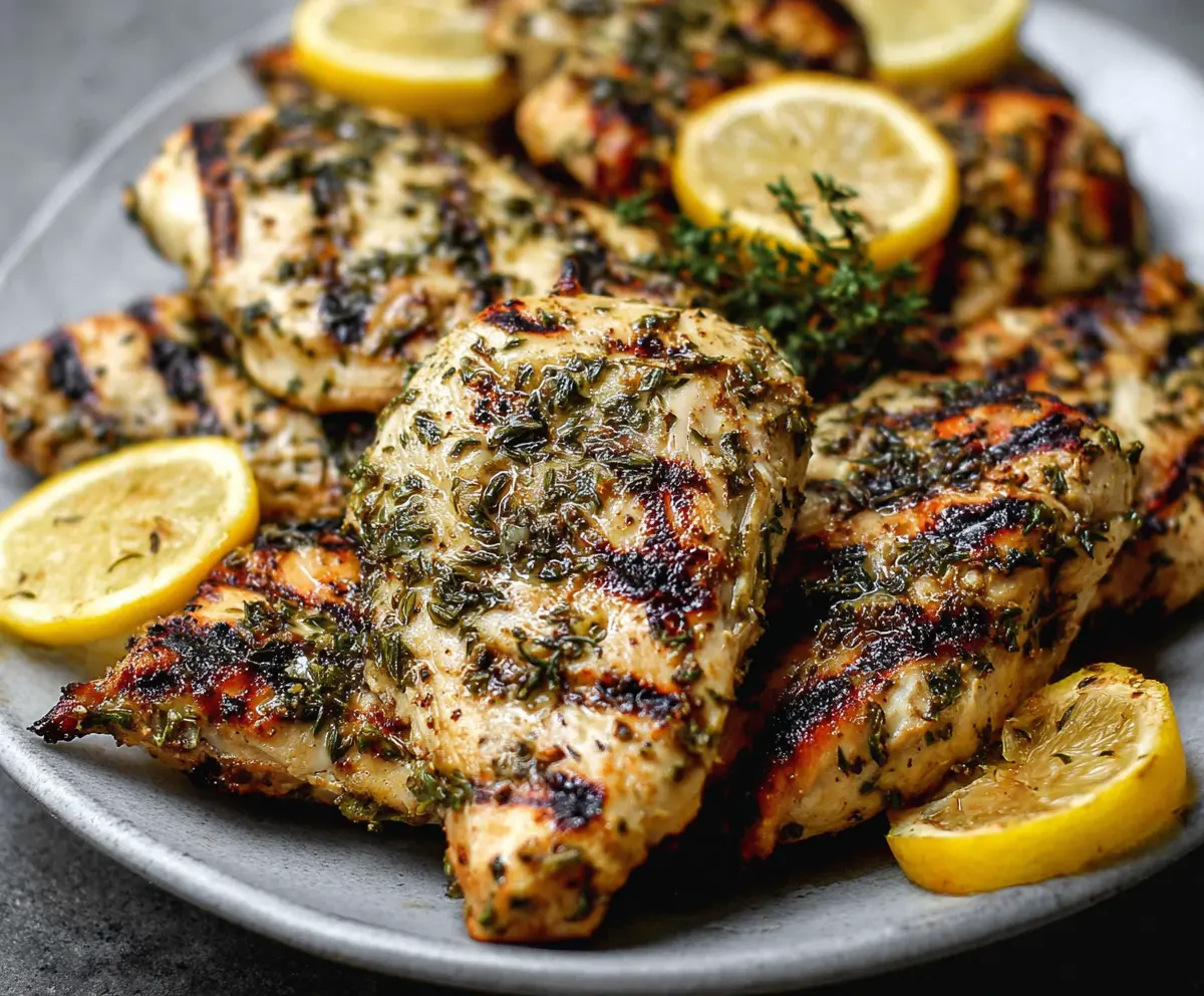 Juicy grilled lemon herb chicken served on a plate with fresh herbs and lemon slices.