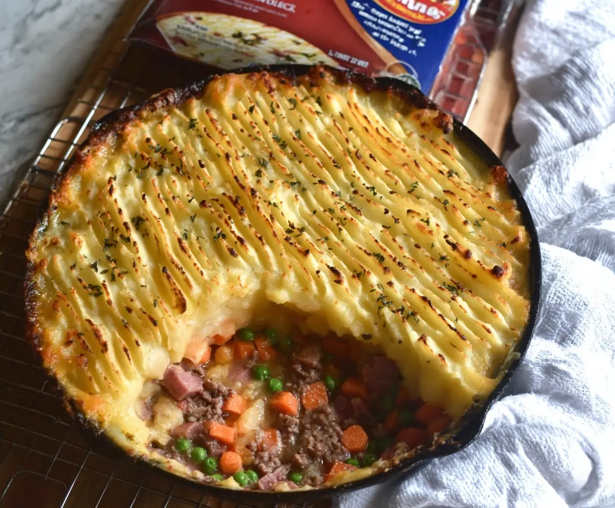 Delicious homemade Ham Shepherd's Pie with mashed potato topping and savory ham filling