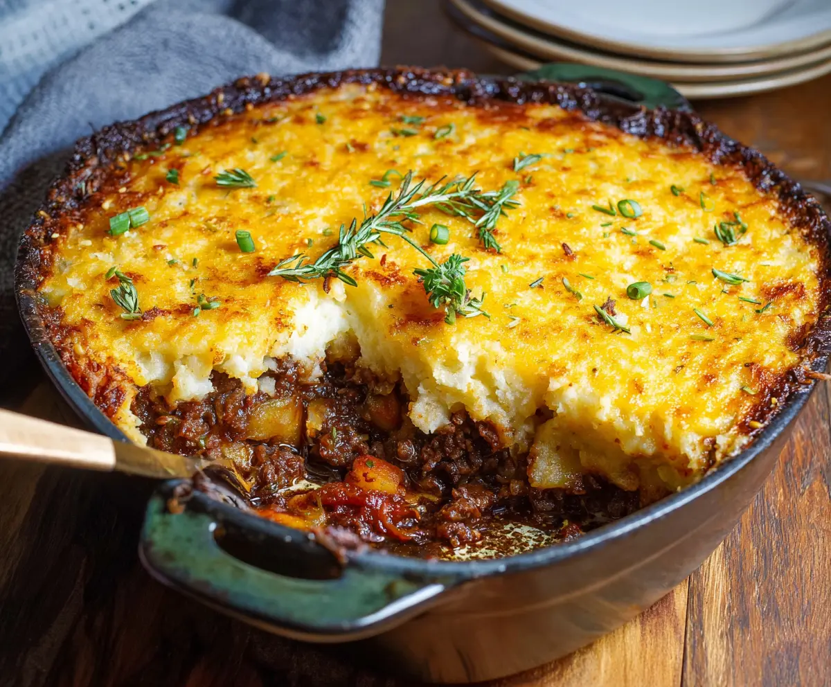 Delicious Hash Brown Shepherd's Pie topped with crispy golden hash browns and savory ground meat filling.