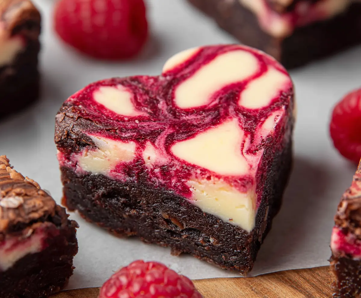 Delicious heart-shaped raspberry cheesecake brownies with a rich, chocolatey base and vibrant raspberry topping.