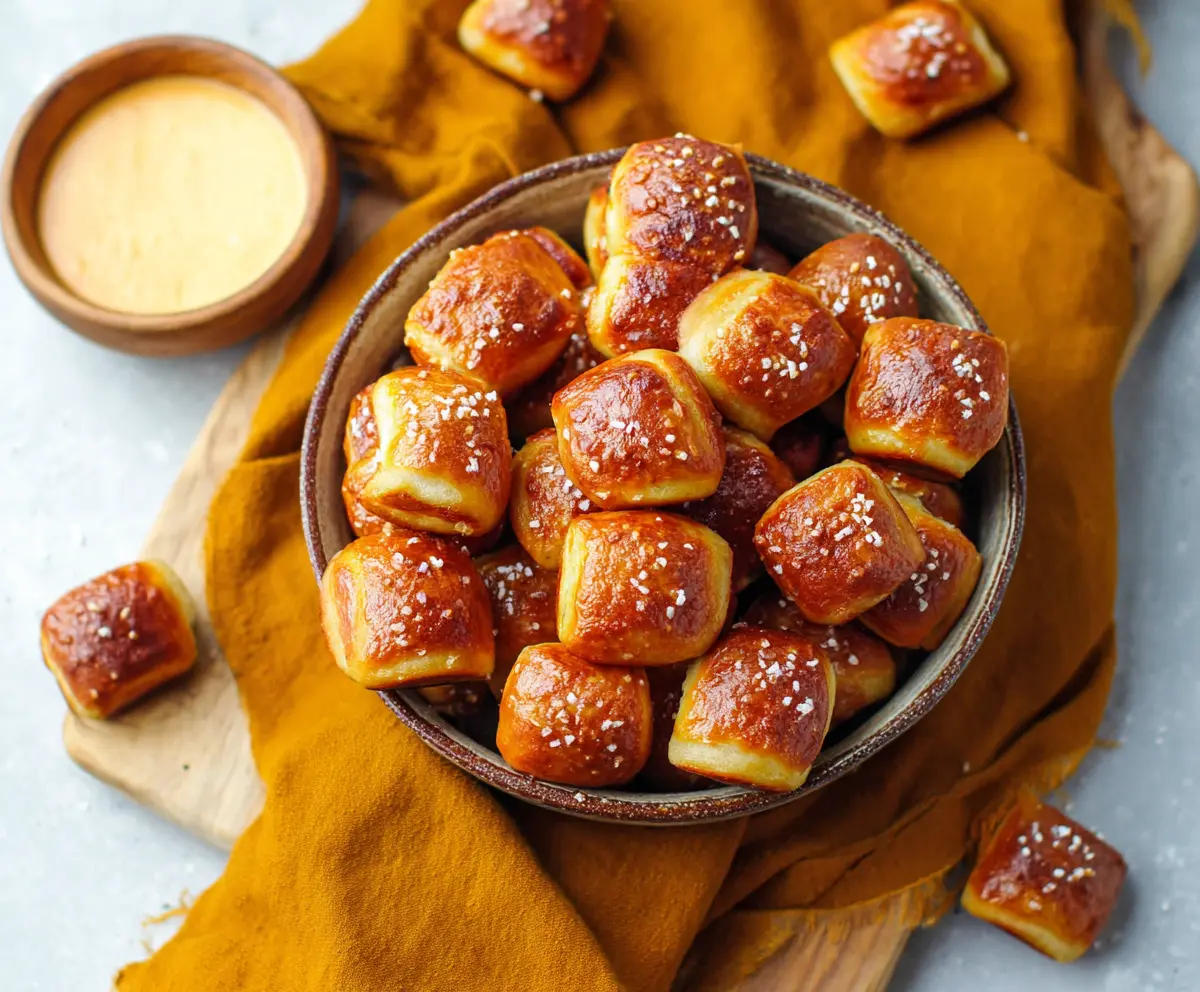 Delicious homemade soft pretzel bites served fresh on a wooden board, perfect for snacking.