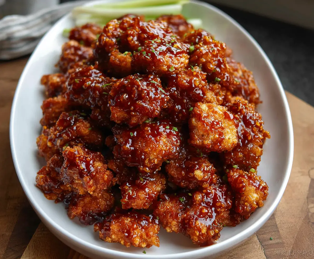 Delicious Honey BBQ Popcorn Chicken served on a plate with a side of fresh vegetables.