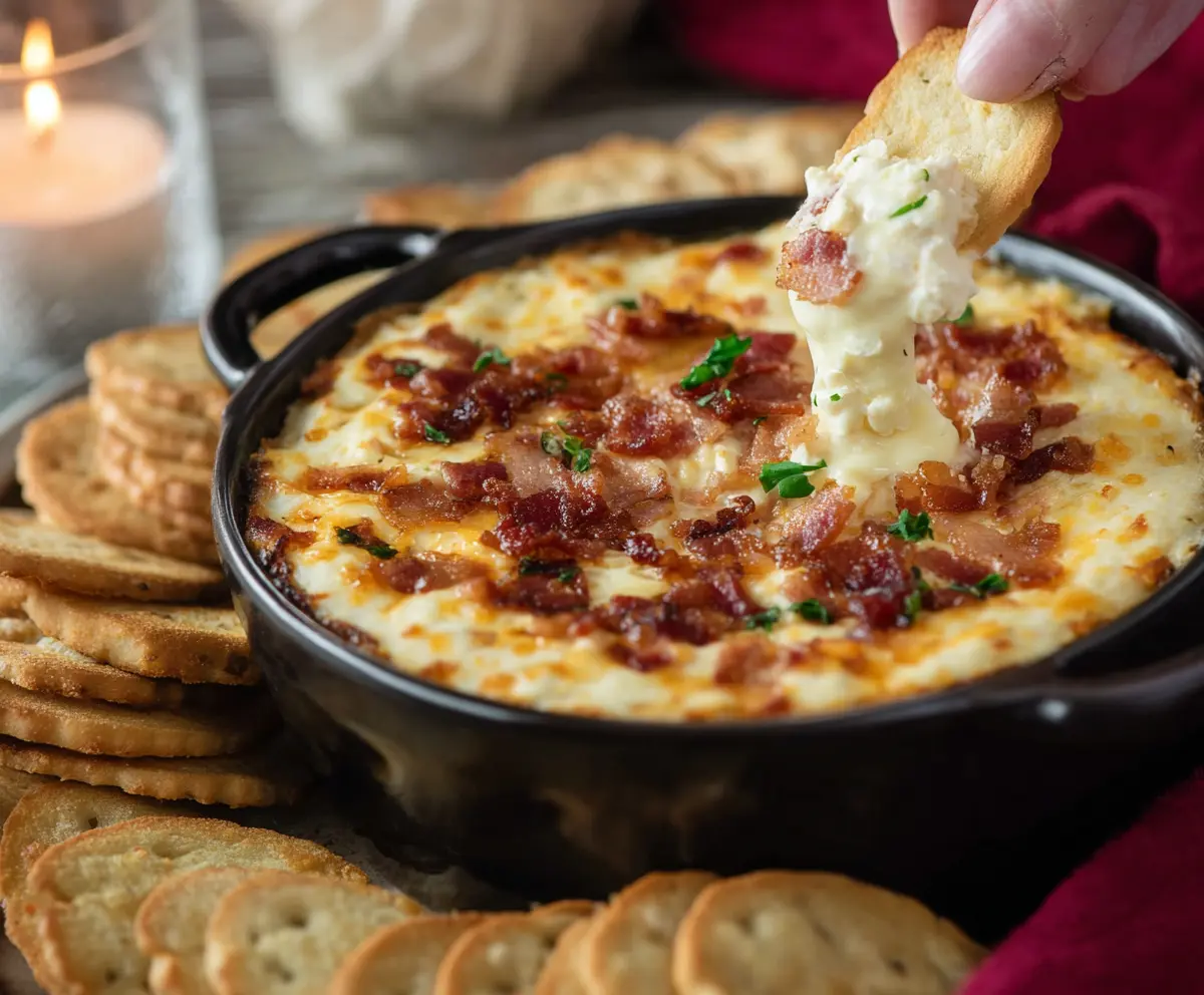Delicious Hot Smoked Gouda Bacon Dip served in a bowl with crispy bacon pieces on top.