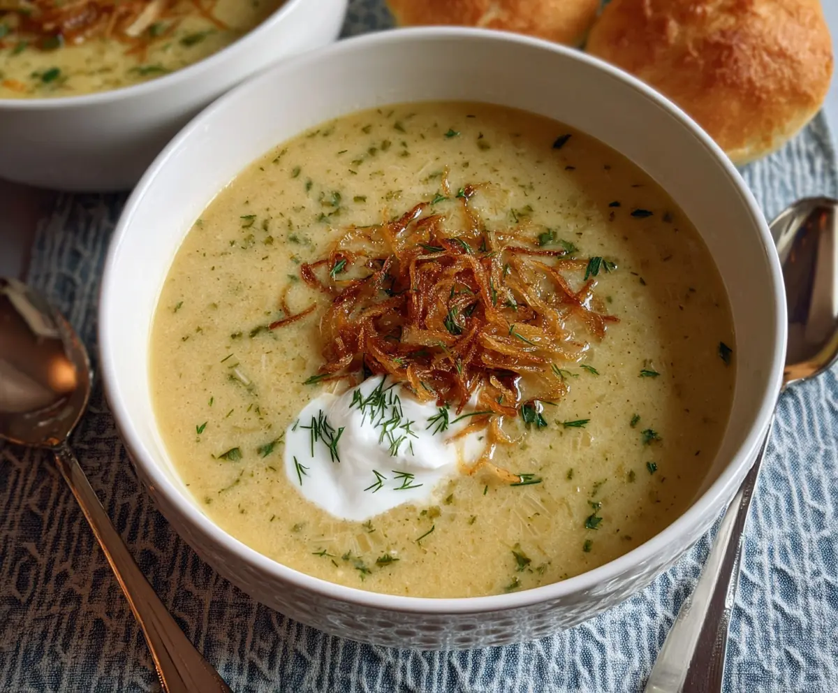 Delicious Ina Garten roasted potato and leek soup served in a bowl, garnished with fresh herbs.