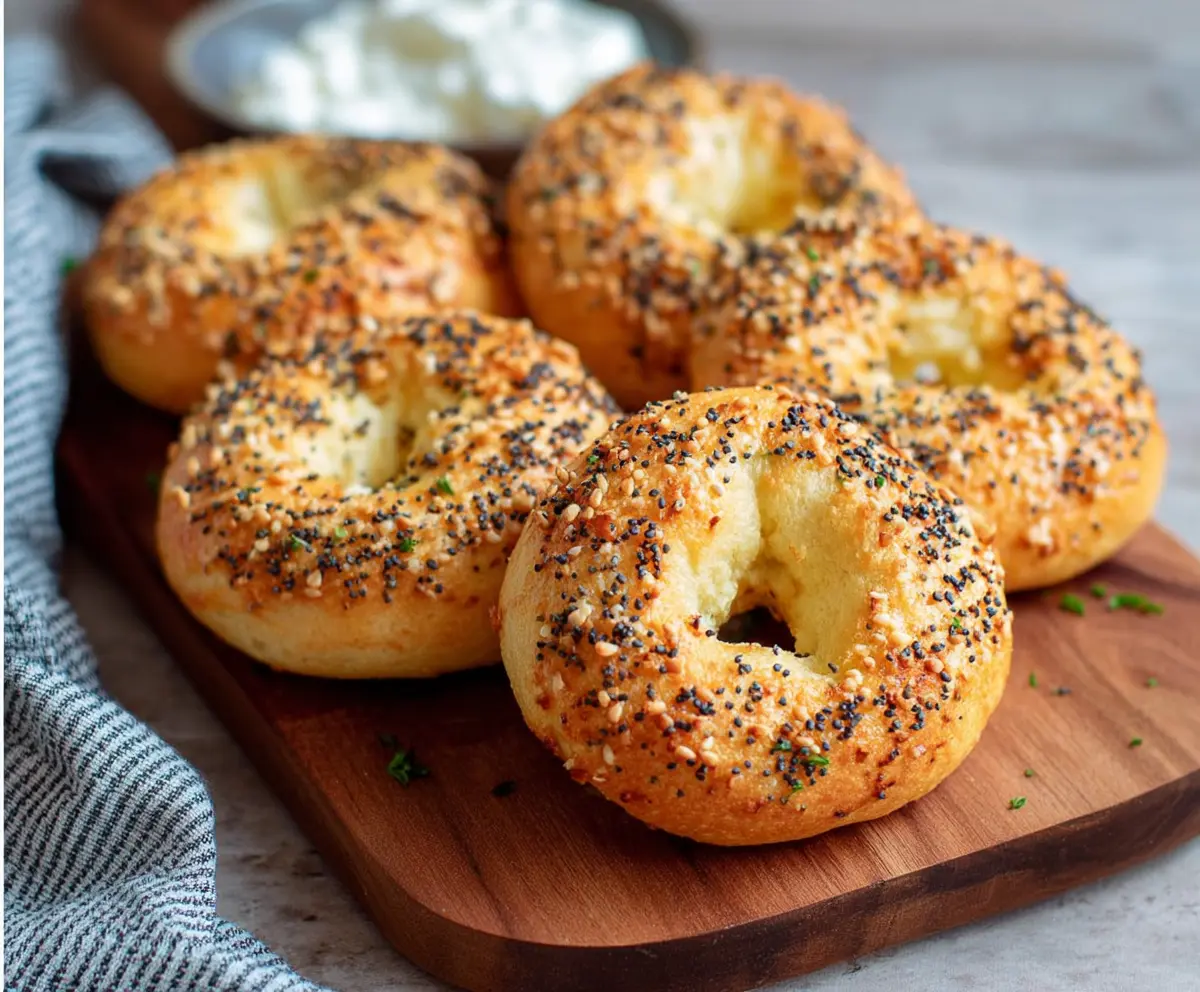 Keto cottage cheese bagels fresh out of the oven with golden-brown crust and soft interior.