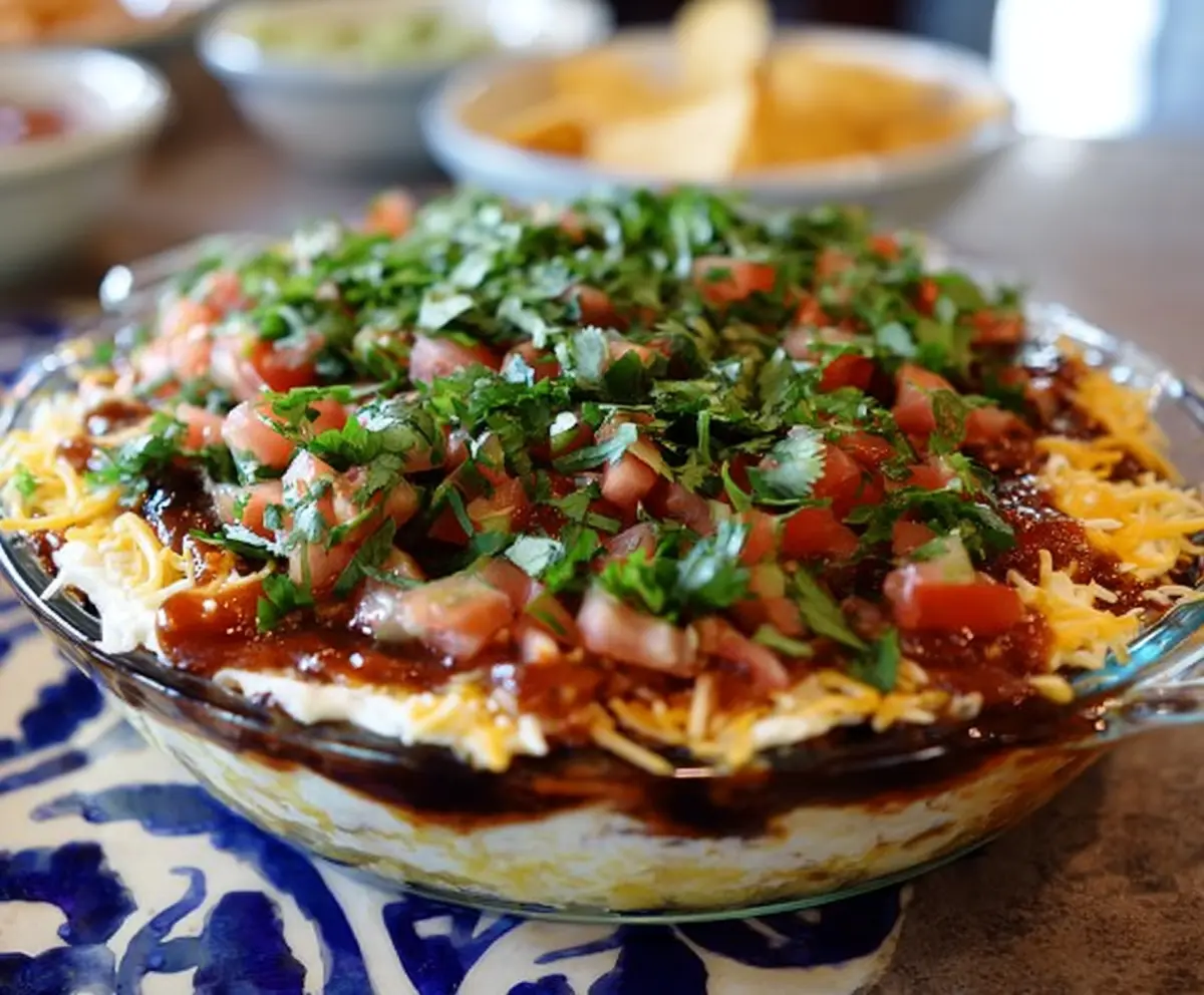 Colorful layered Tex-Mex dip with layers of cheese, guacamole, salsa, and sour cream served in a clear dish.
