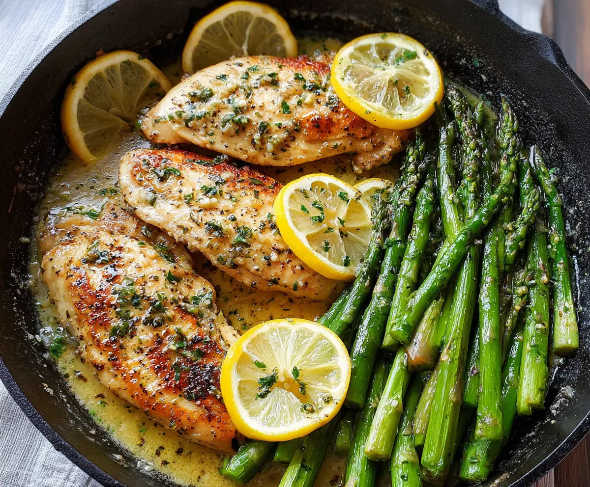 Juicy Lemon Butter Garlic Chicken served with tender asparagus on a white plate.