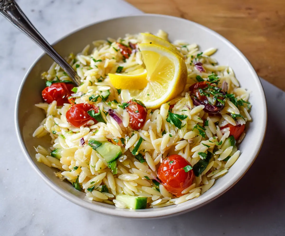 Colorful Lemon Orzo Pasta Salad with fresh herbs and vibrant vegetables on a white plate.