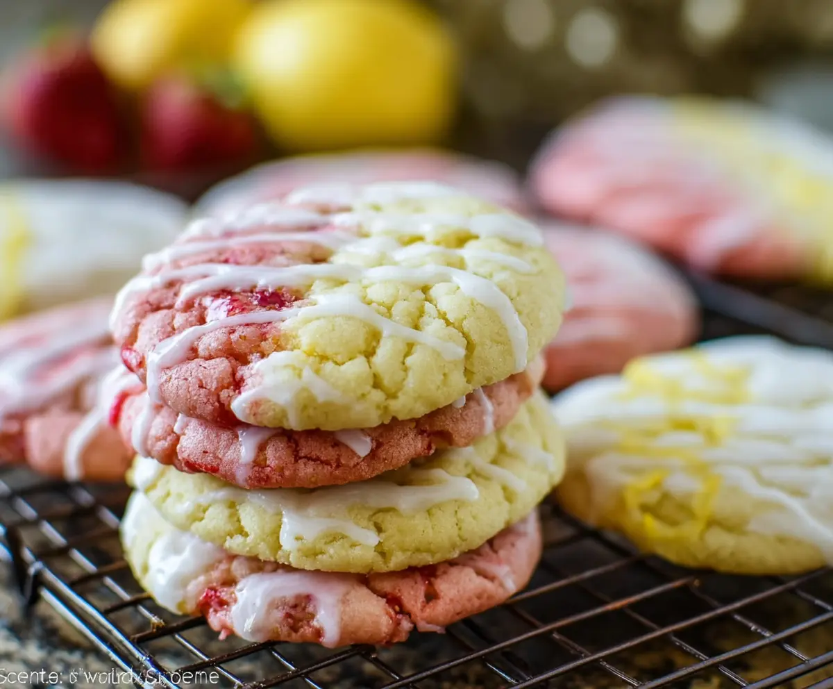 Delicious lemon strawberry cookies with fresh strawberries and zesty lemon flavor on a baking sheet.