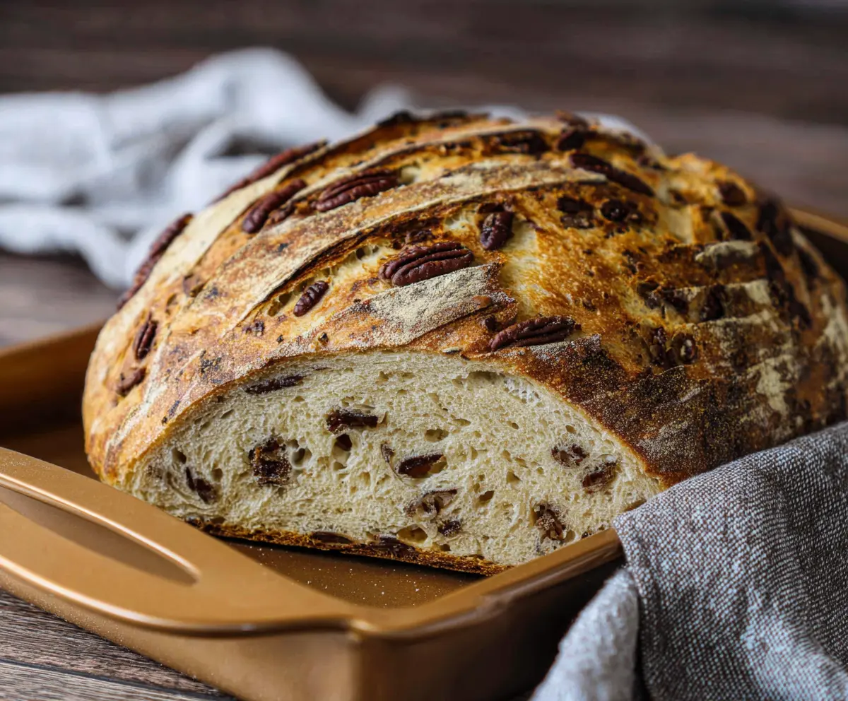 Delicious Maple Pecan Sourdough Bread with golden crust and packed with nuts and sweet maple glaze
