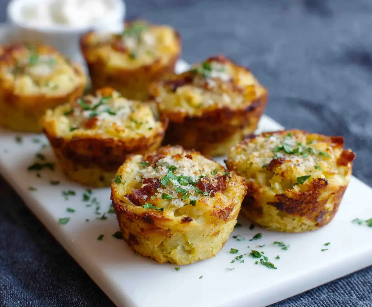 Close-up of crispy mashed potato bites garnished with herbs, perfect for a savory snack or appetizer.