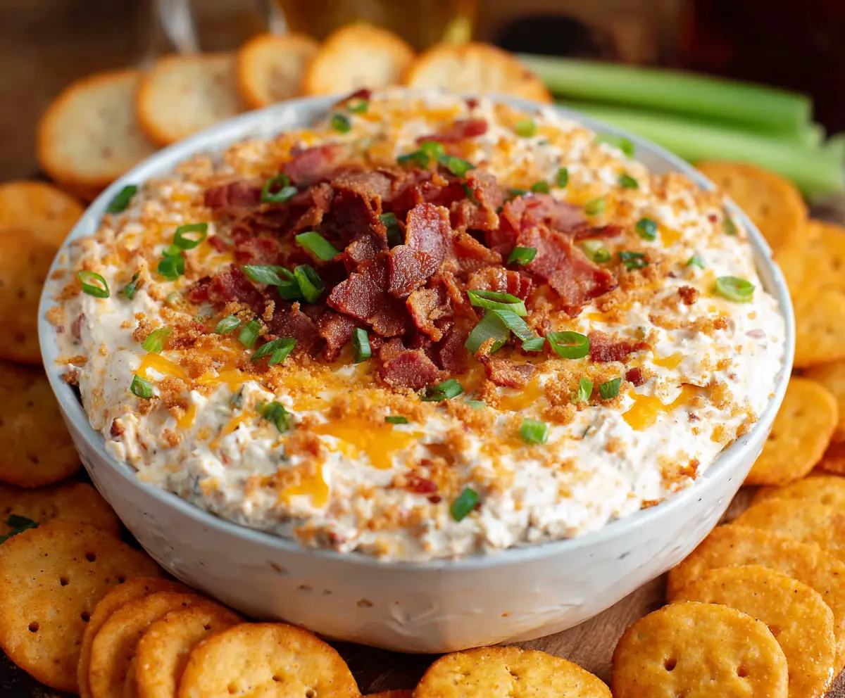 Creamy Million Dollar Crack Dip with cheese, bacon, and green onions served in a bowl.
