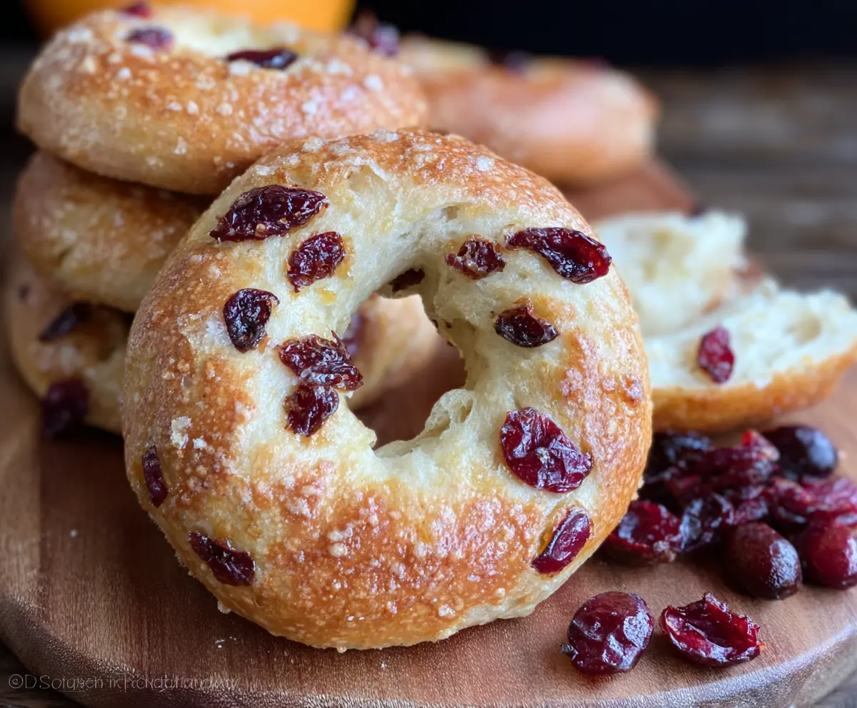 Mini cranberry orange bagels on a rustic plate with fresh cranberries and orange slices.
