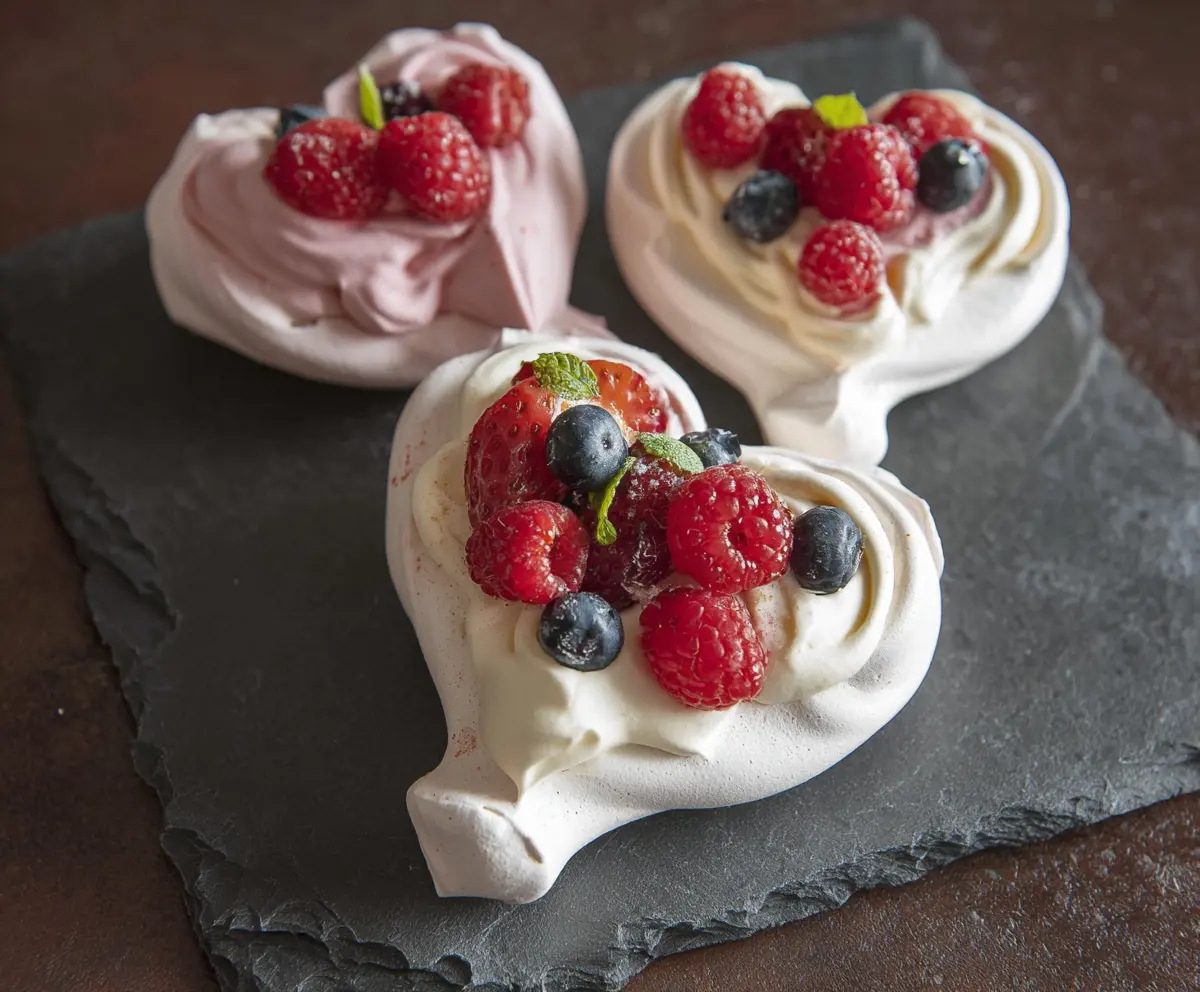 Delicious mini heart-shaped pavlovas with whipped cream and fresh strawberries on a white plate.