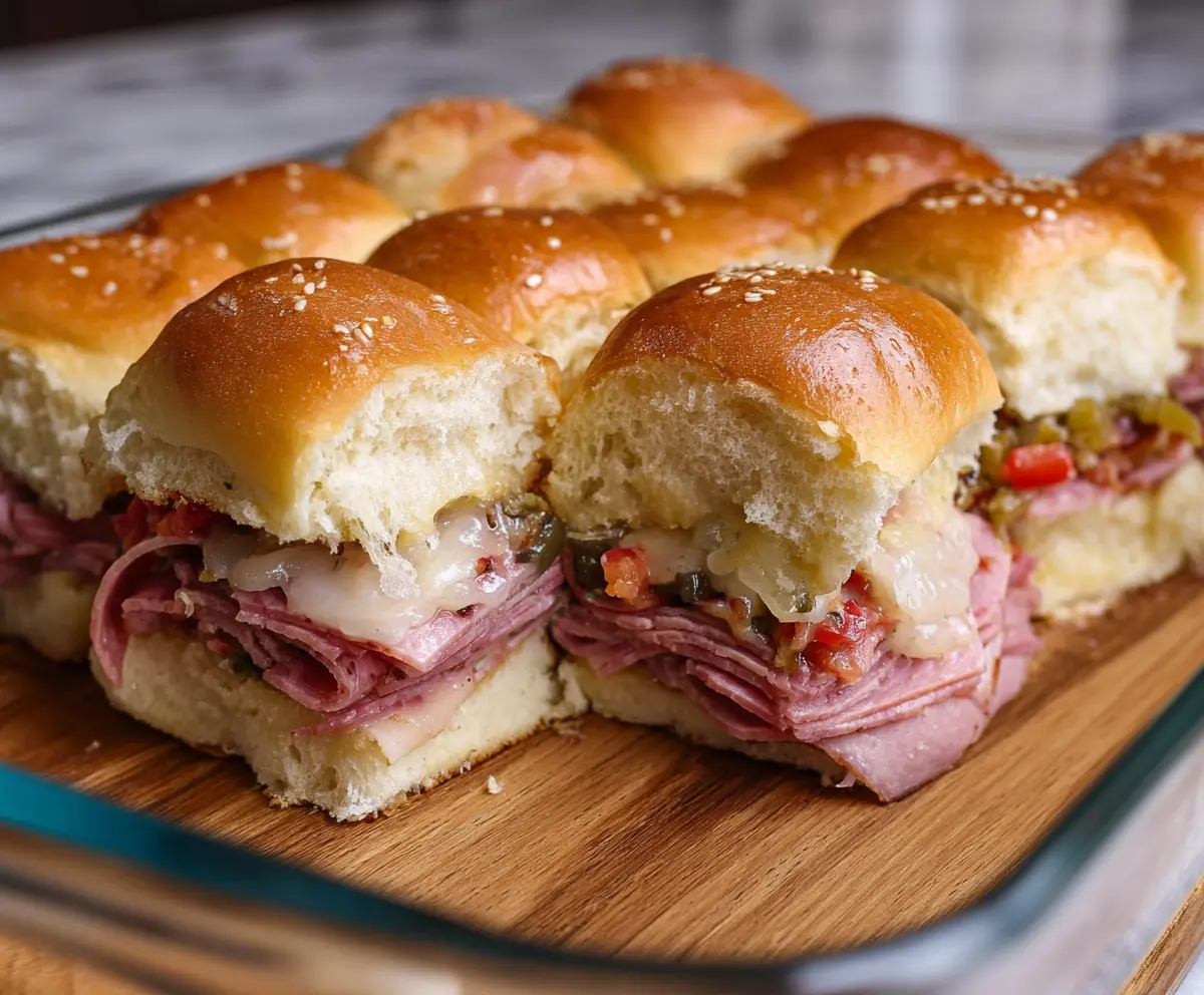 Delicious Muffuletta Sliders with layers of Italian cold cuts, cheese, and spicy pickled vegetables.
