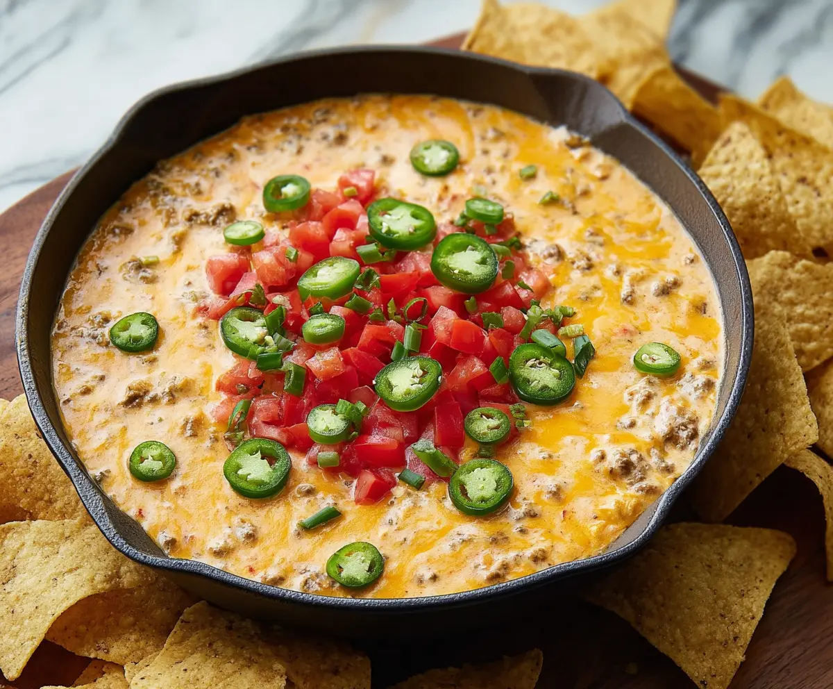 Creamy nacho dip topped with melted cheese, jalapenos, and diced tomatoes.