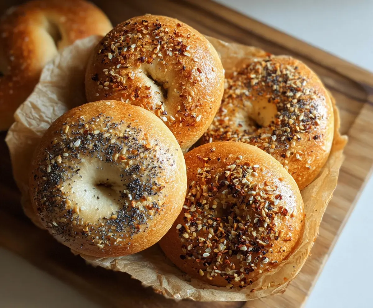 Freshly baked New York Style Sourdough Discard Bagels on a wooden cutting board.
