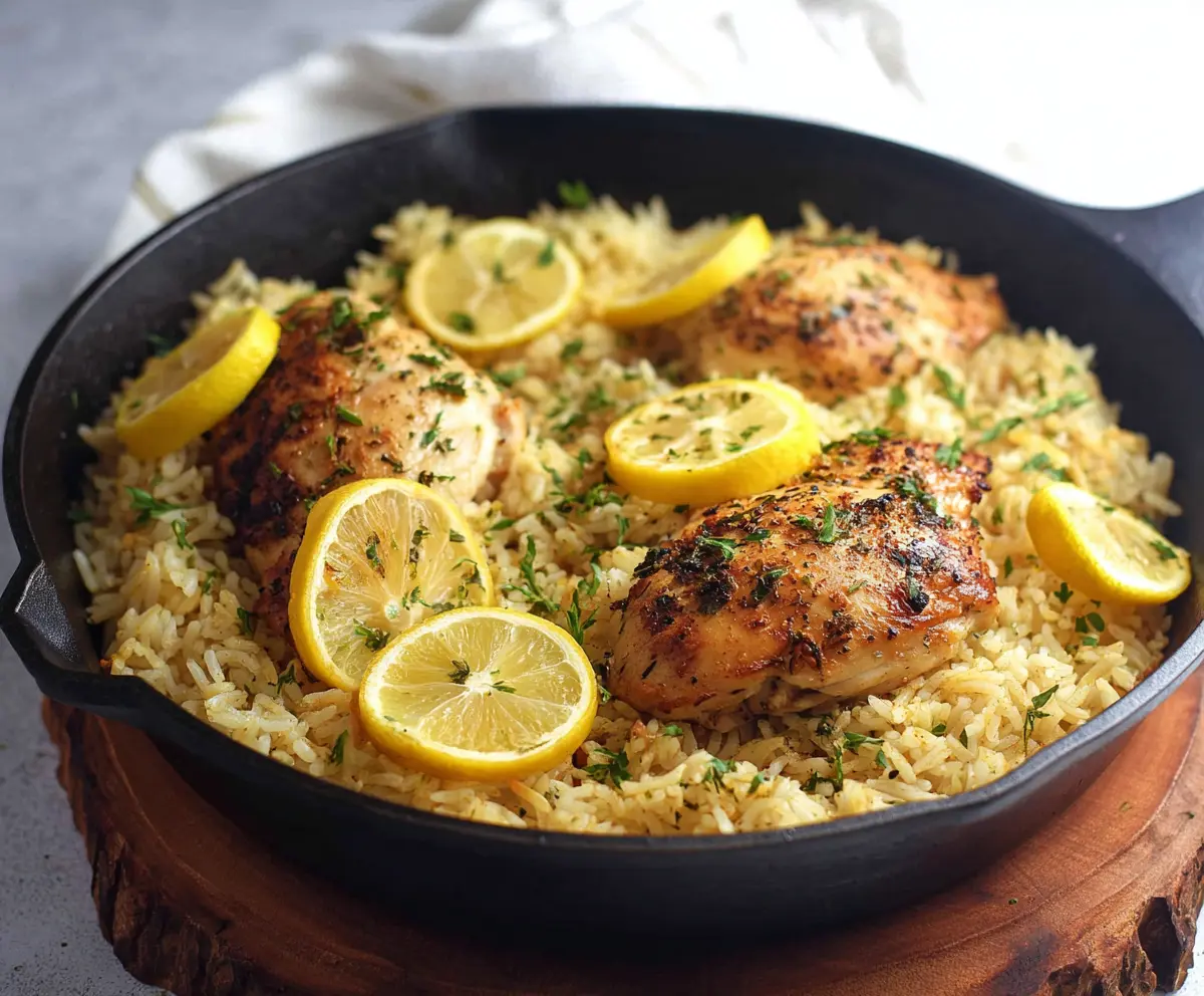 Delicious one pan lemon herb chicken and rice plated with fresh herbs and a lemon wedge for a flavorful meal.