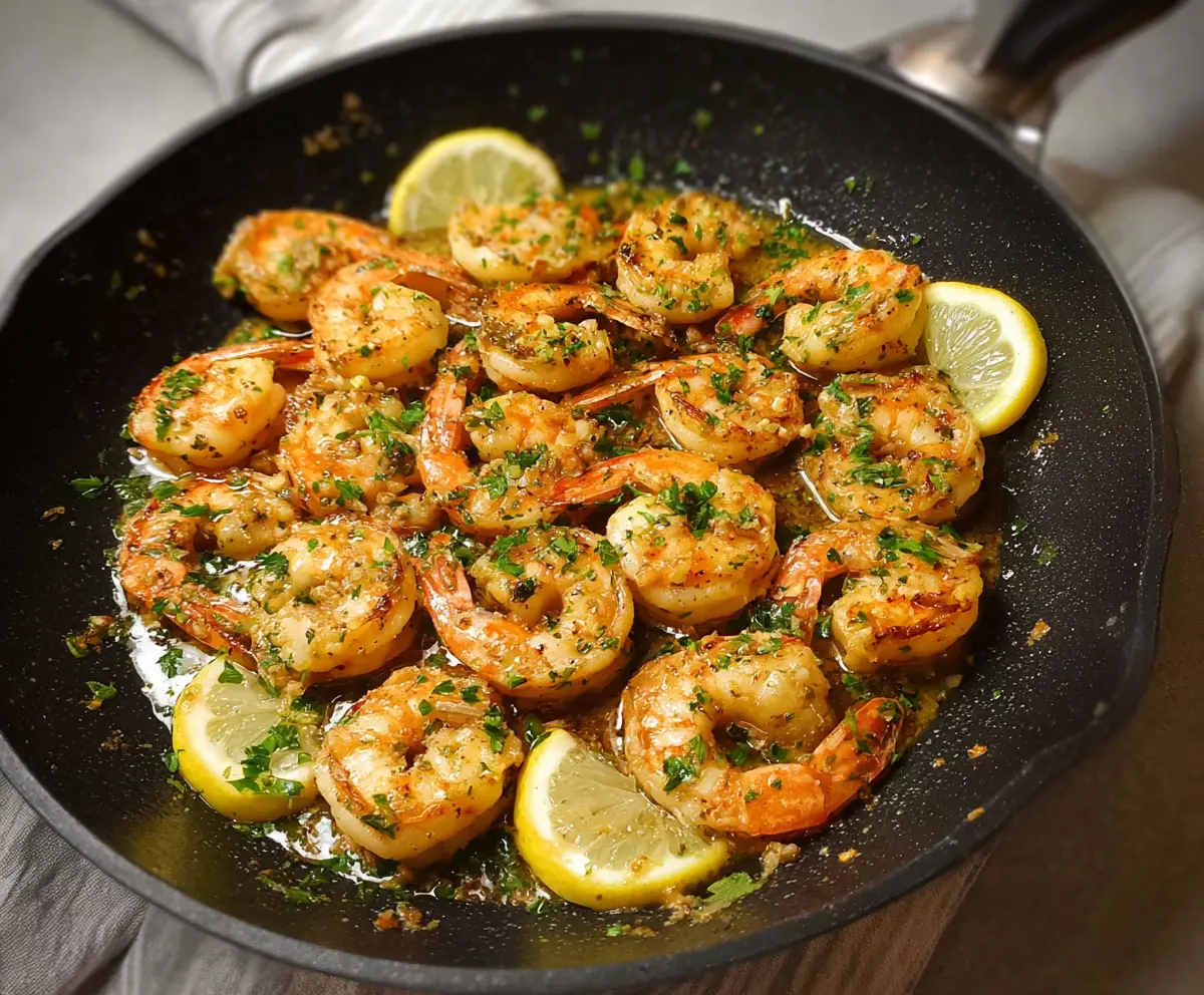 Pan Seared Lemon Garlic Shrimp served on a plate with fresh lemon slices and herbs.
