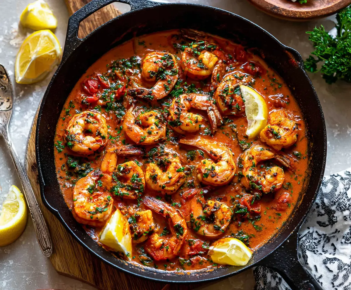Delicious paprika shrimp skillet dish with vibrant spices and fresh herbs