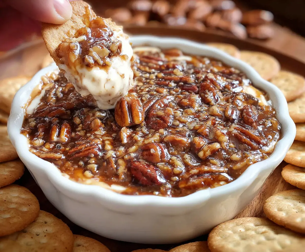 Delicious Pecan Pie Dip topped with caramel and pecans for a sweet treat.