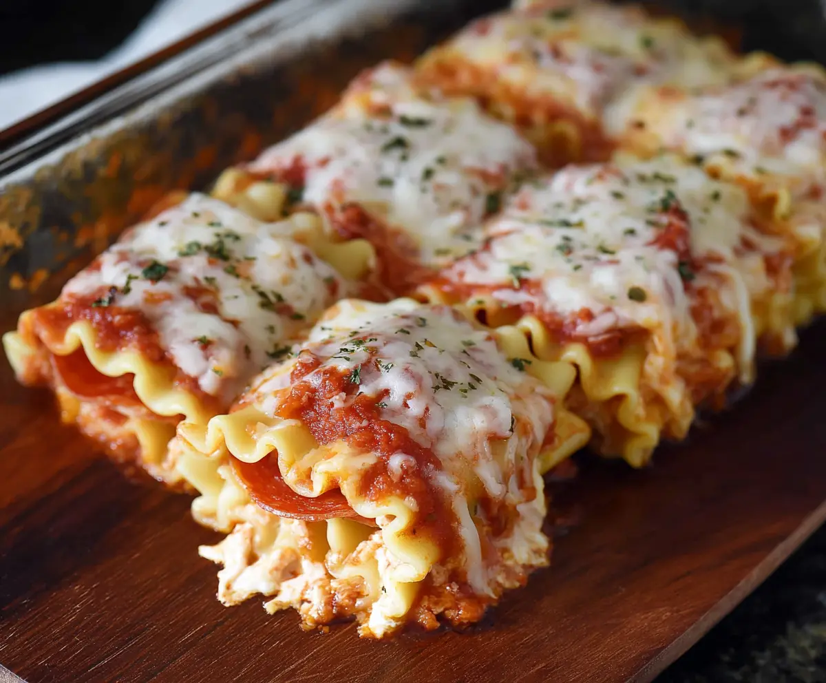 Delicious Pepperoni Pizza Lasagna Roll Ups showing crispy golden edges and melted cheese.