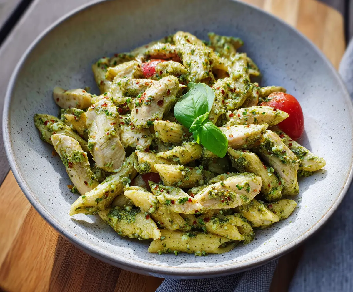 Delicious pesto chicken pasta dish with fresh basil and creamy sauce