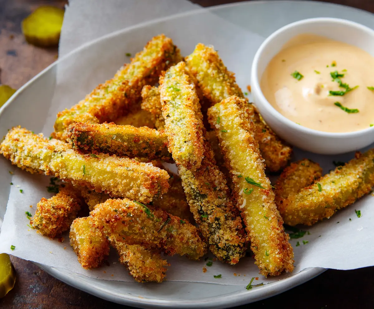 Crispy pickle fries served with dipping sauce, perfect for snack time