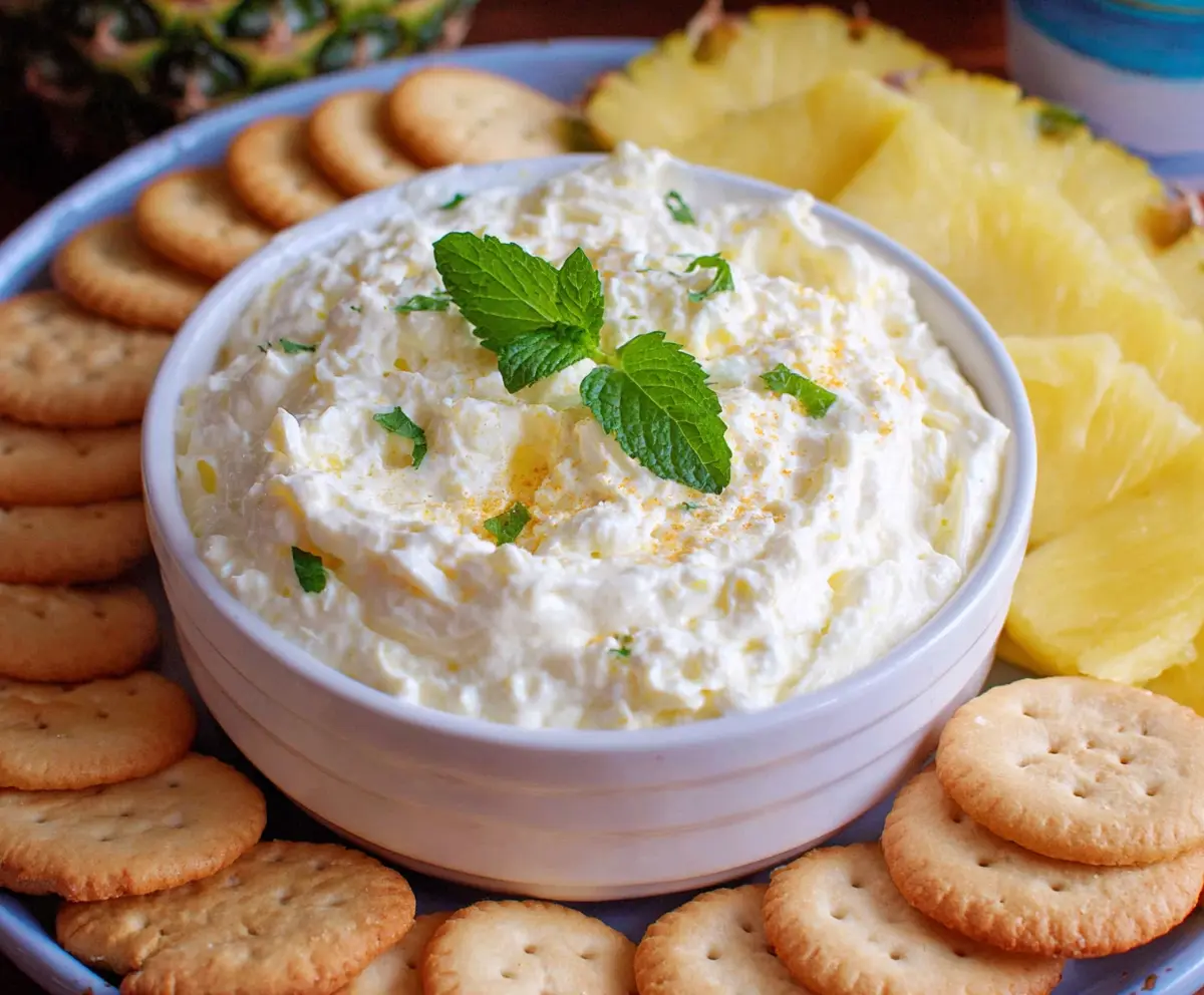 Refreshing pineapple dip served with fresh fruit slices, perfect for summer snacks