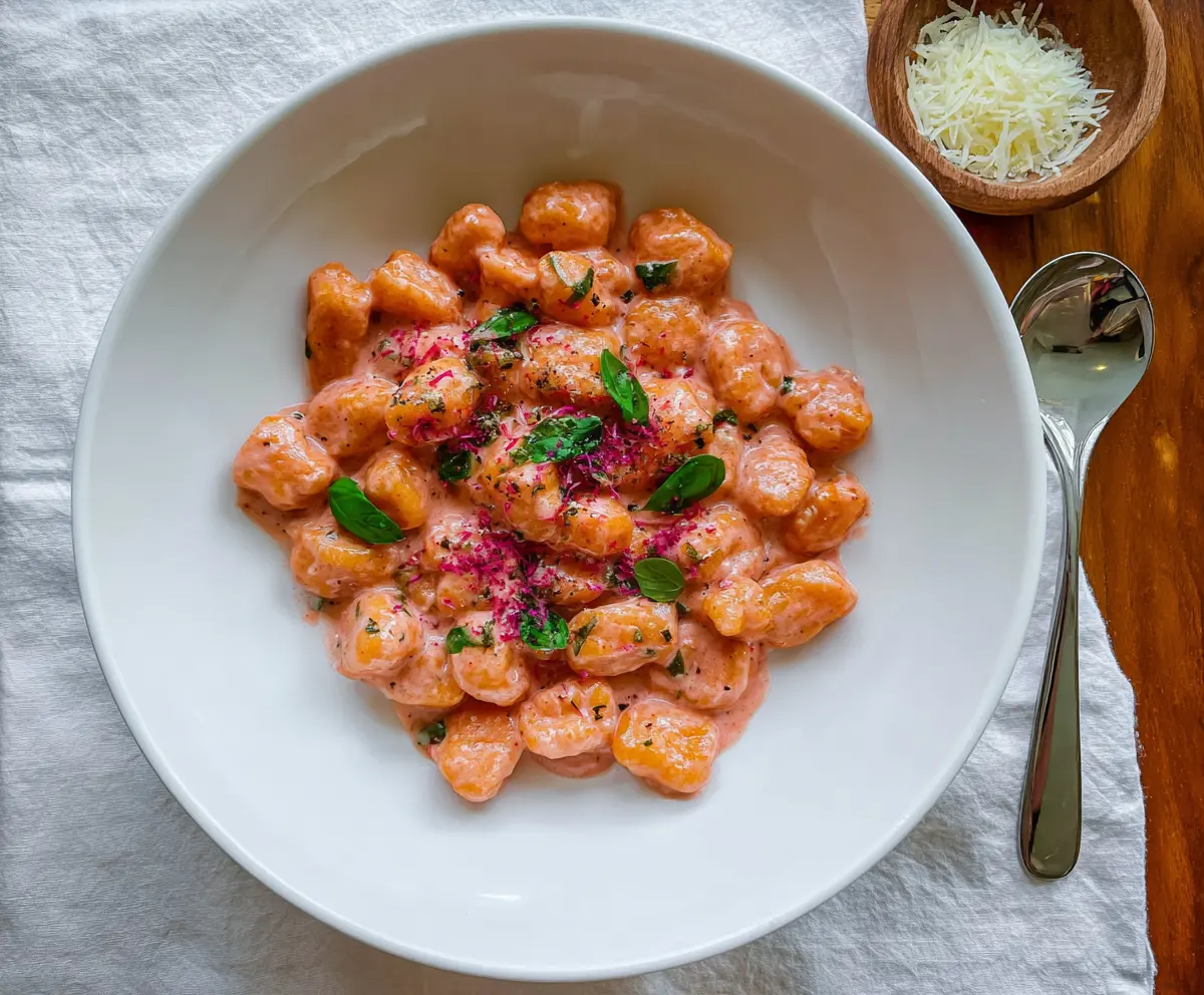 Vibrant pink gnocchi dish garnished with fresh herbs on a white plate.