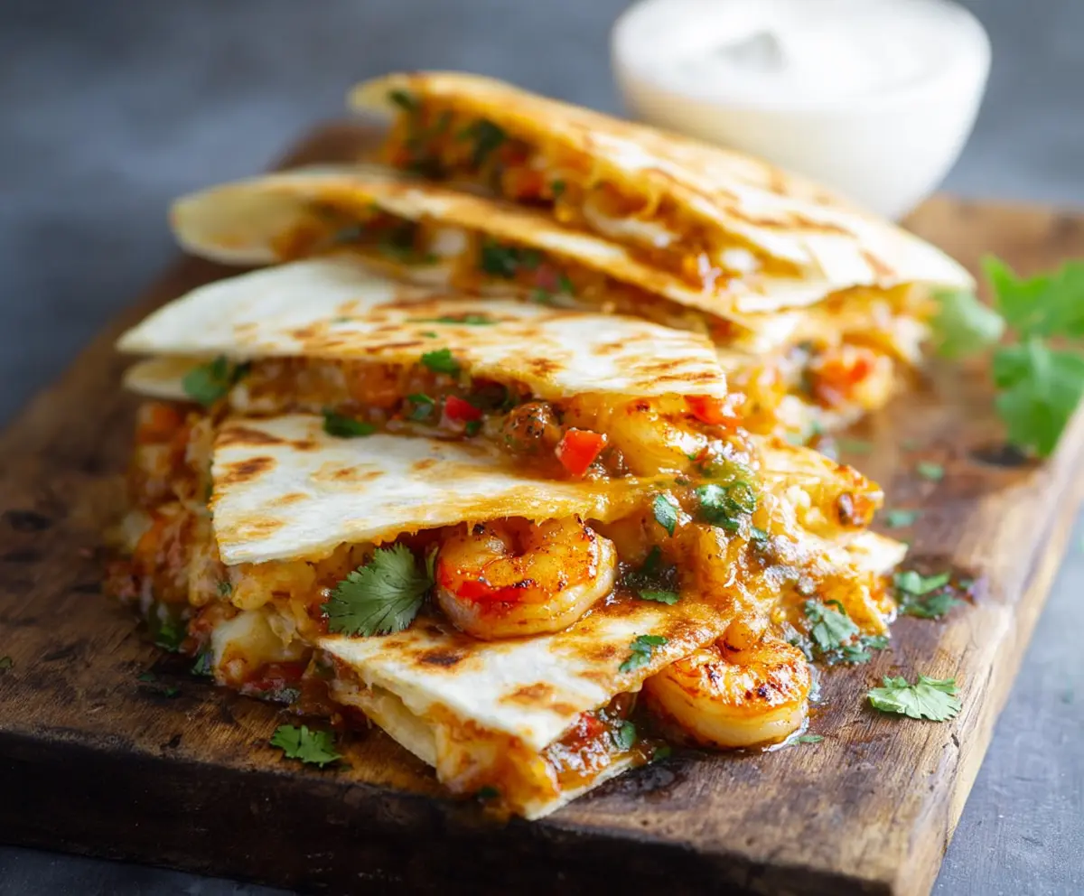 Delicious shrimp quesadilla with melted cheese and crispy tortilla.