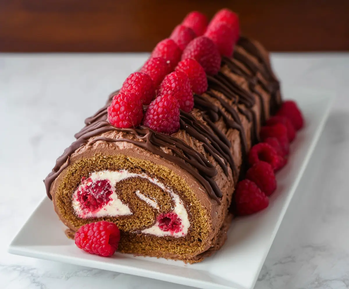 Delicious raspberry and chocolate Swiss roll dessert, perfect for special occasions.