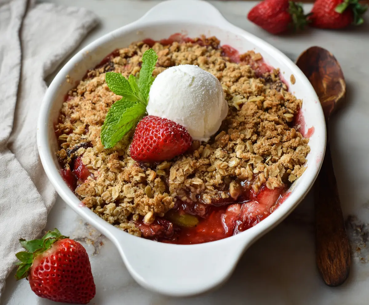Delicious Rhubarb Strawberry Crisp in a baking dish with fresh strawberries and rhubarb topping.