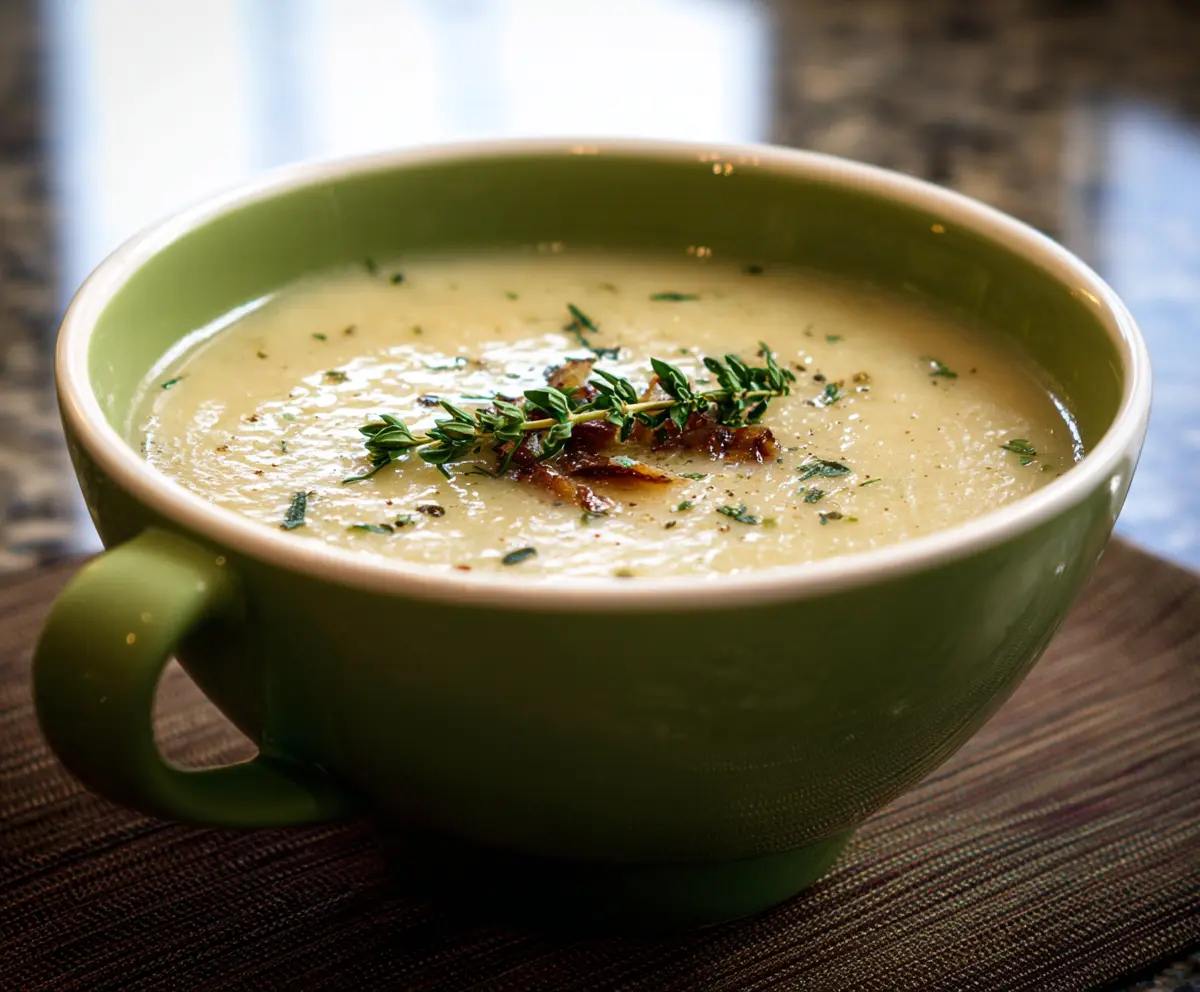 Hearty roasted garlic potato leek soup served in a bowl, garnished with fresh herbs.
